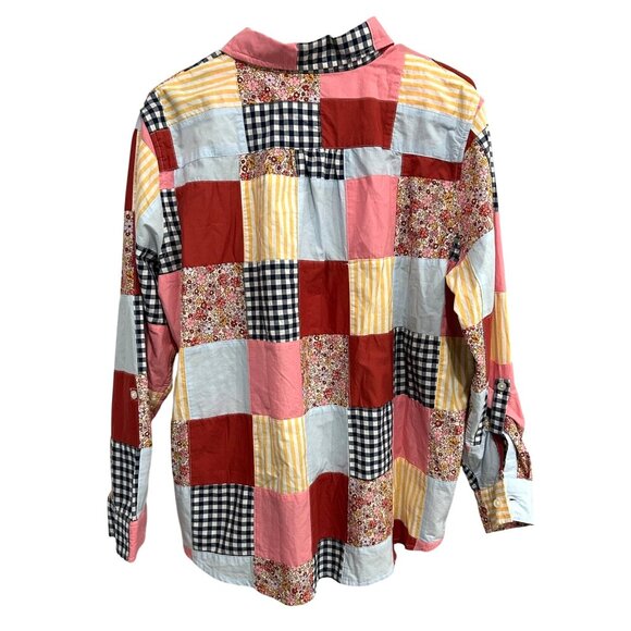 Lands End Womens Patchwork Button-Up Cotton Shirt Multicolor Size Large 14 - Picture 2 of 9